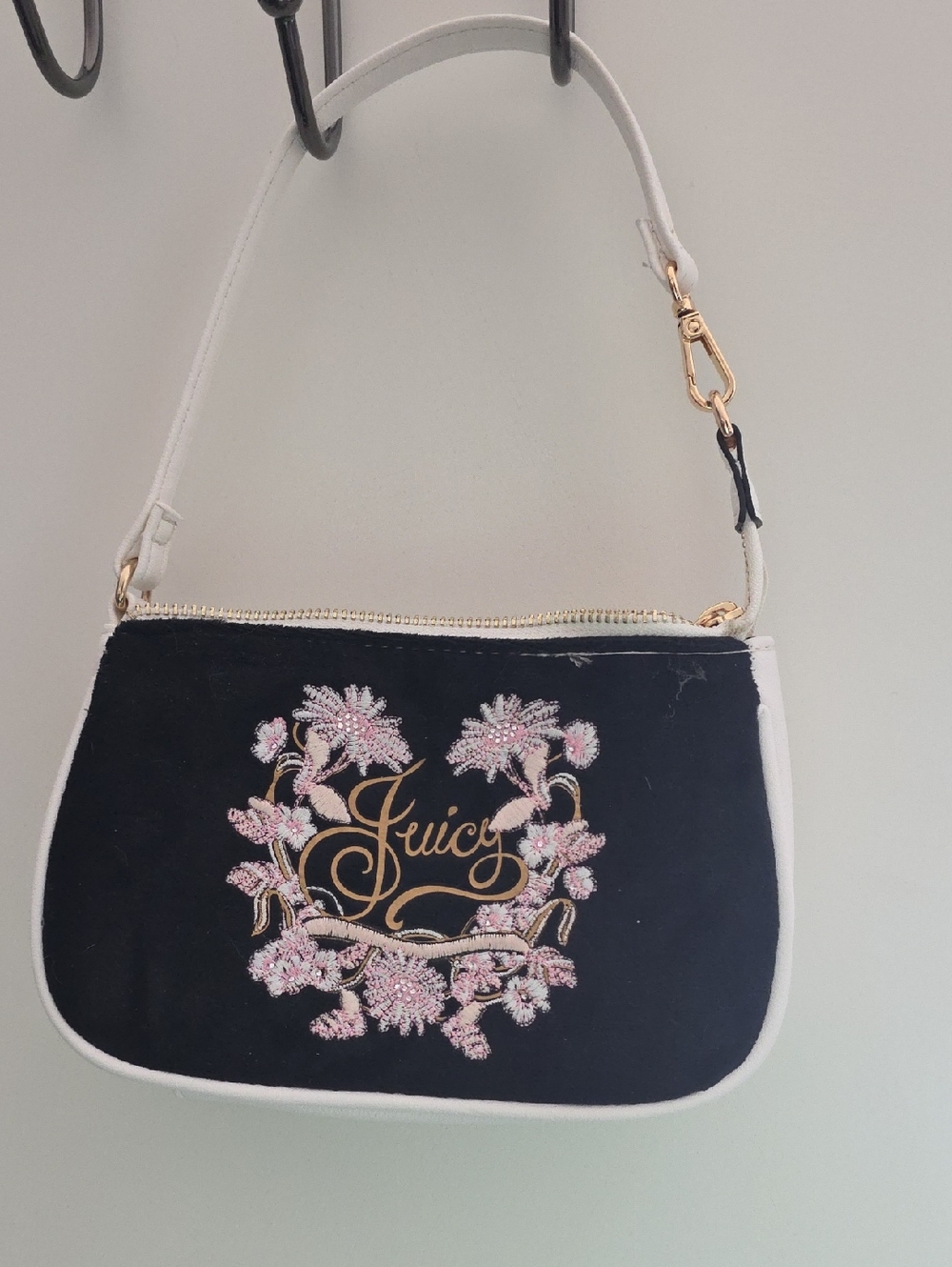 Juicy Couture Black & White Mini Shoulder Bag with Pink Floral Embroidery
